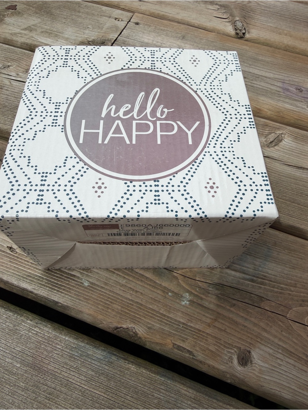 Thirty-One Gifts Hello Happy Sip Mug 12 Oz White Navy Pom Pom NWT Gift Box